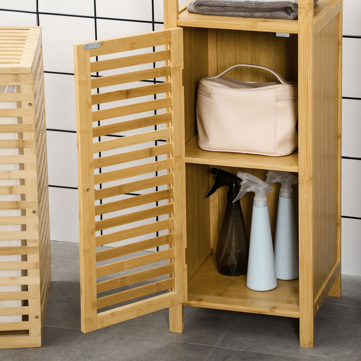 Height-adjustable bathroom cabinet, bathroom cabinet made of bamboo, bathroom furniture with cabinet, two open shelves, for bathroom, approx. 33 x 30 x 120 cm natural wood