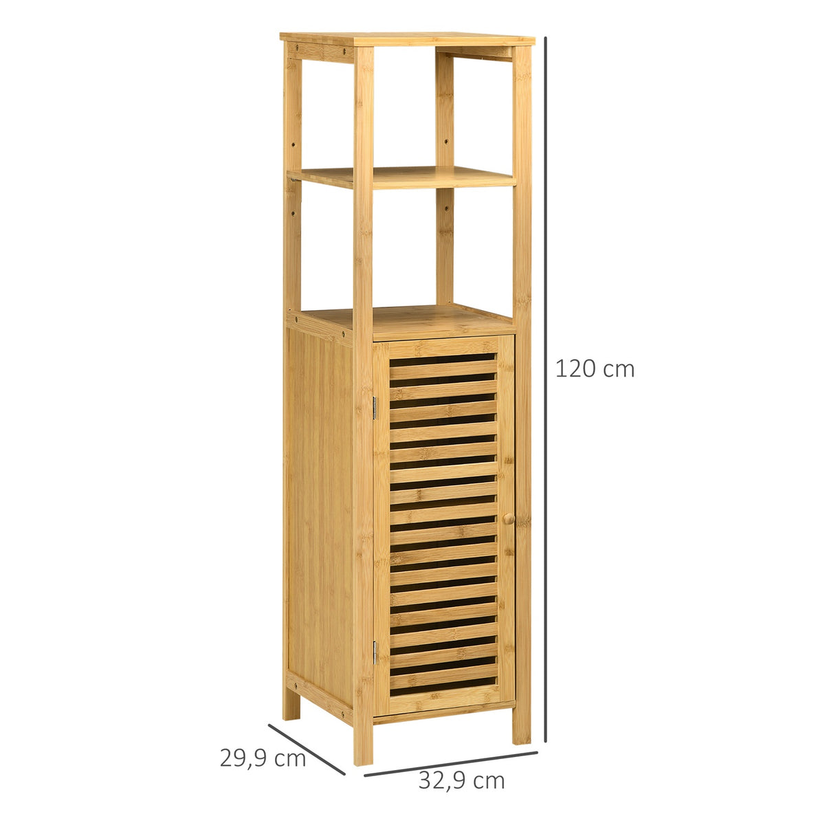 Height-adjustable bathroom cabinet, bathroom cabinet made of bamboo, bathroom furniture with cabinet, two open shelves, for bathroom, approx. 33 x 30 x 120 cm natural wood