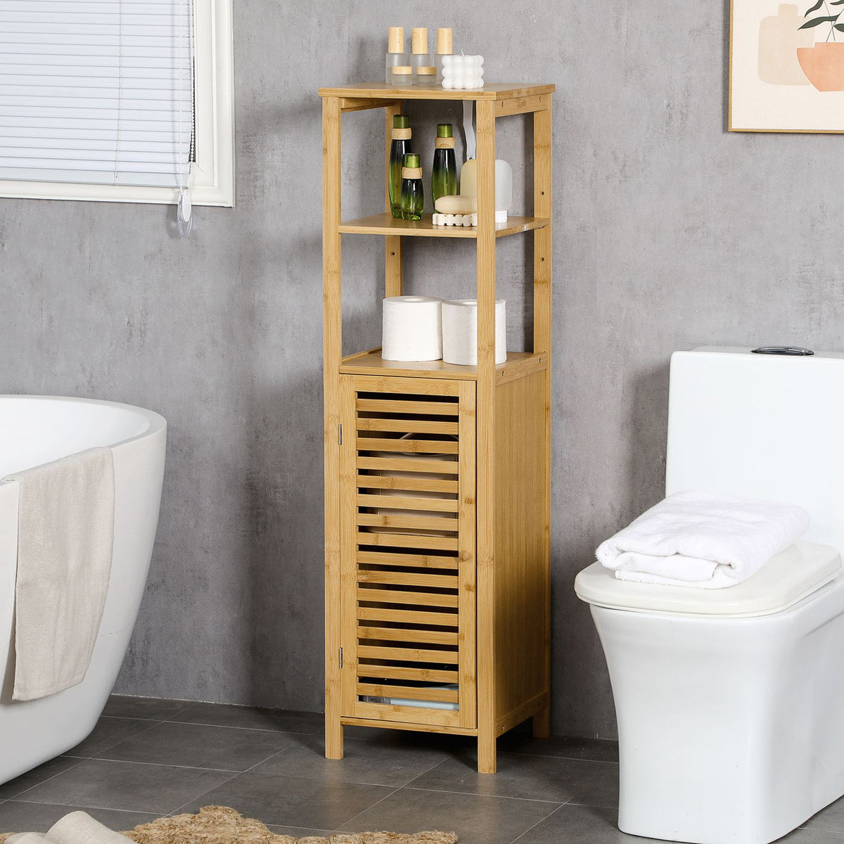 Height-adjustable bathroom cabinet, bathroom cabinet made of bamboo, bathroom furniture with cabinet, two open shelves, for bathroom, approx. 33 x 30 x 120 cm natural wood