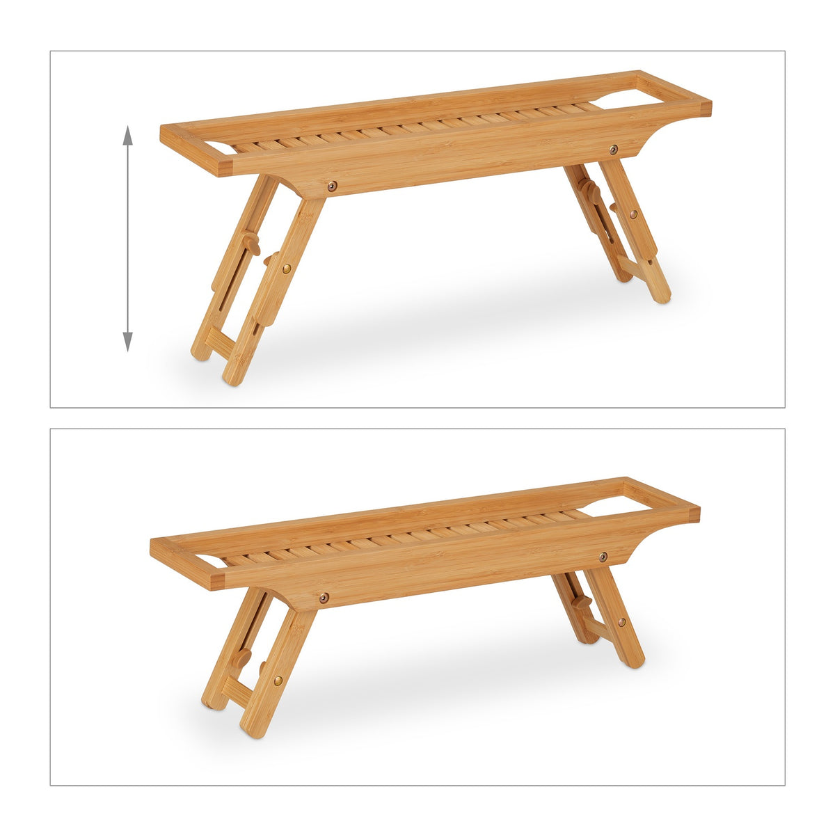 Height-adjustable bath shelf in bamboo
