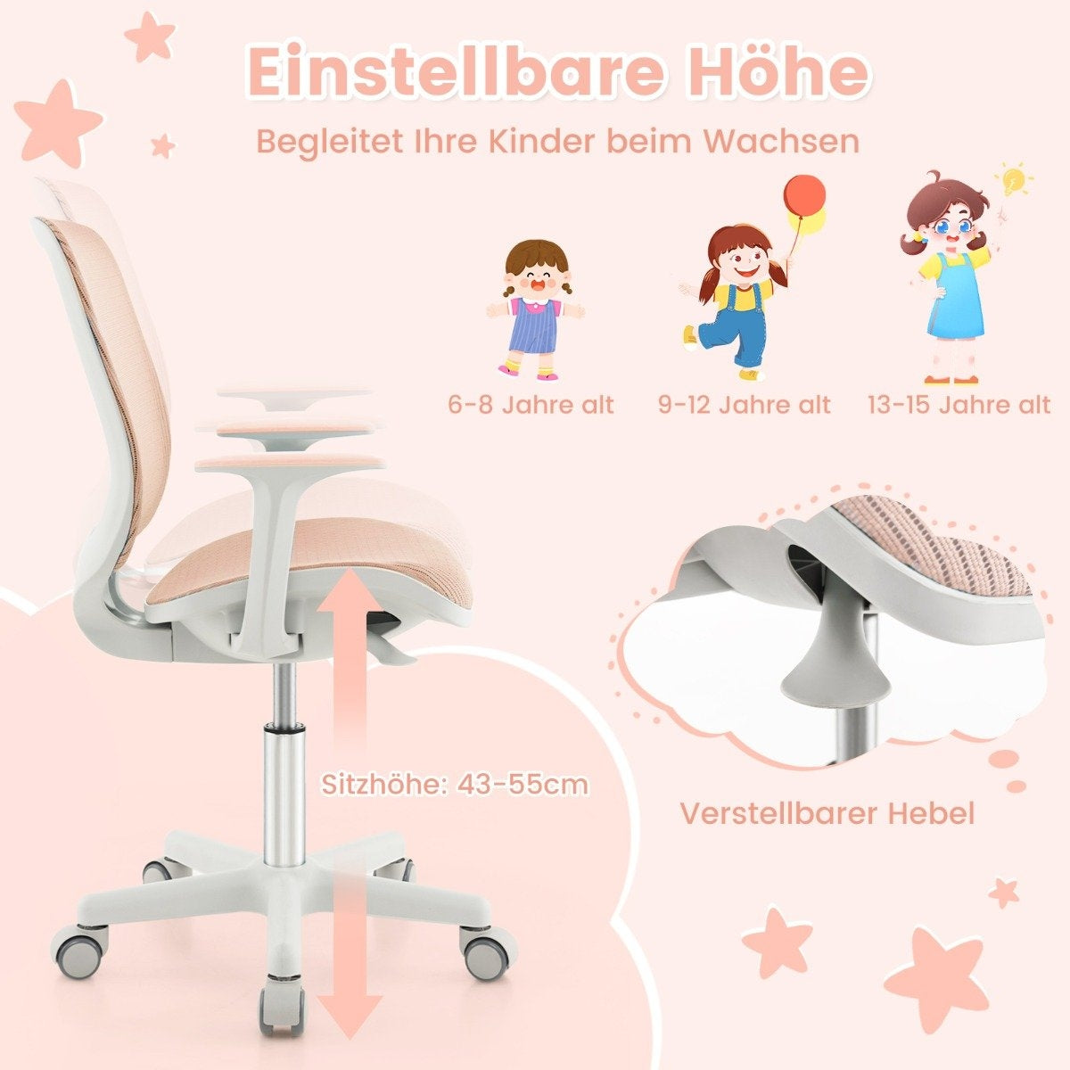 Height-adjustable children's swivel chair with seat brake Ergonomic desk chair Office chair Pink