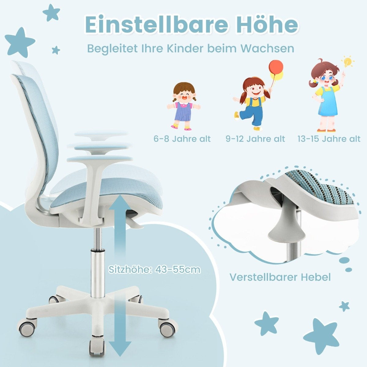 Height-adjustable children's swivel chair with seat brake, ergonomic desk chair, office chair, blue