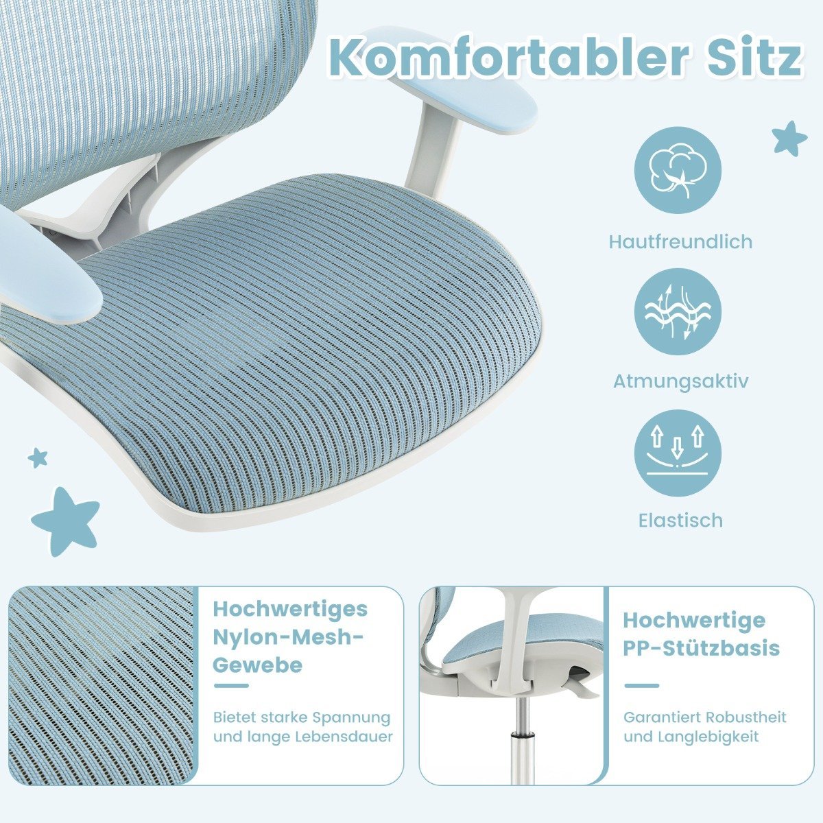 Height-adjustable children's swivel chair with seat brake, ergonomic desk chair, office chair, blue