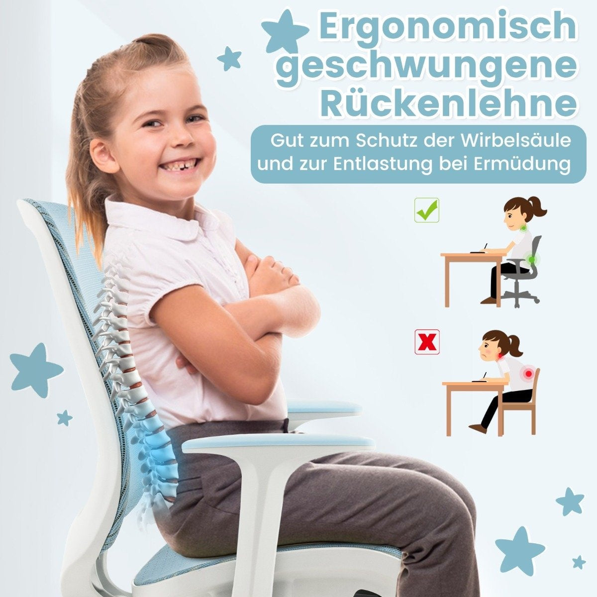 Height-adjustable children's swivel chair with seat brake, ergonomic desk chair, office chair, blue