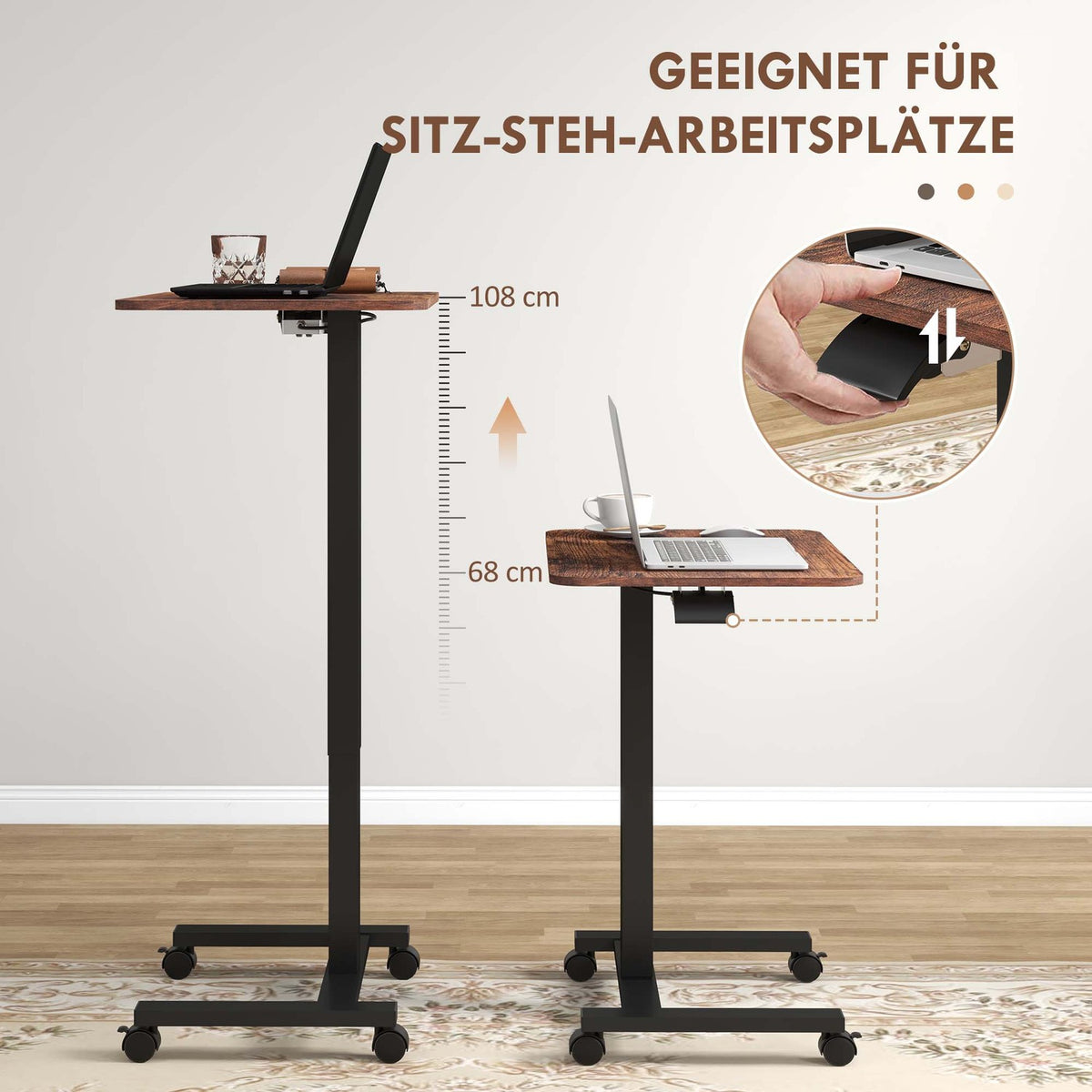 Height-adjustable laptop table, with 4 wheels, 2 brakes, 65 cm x 48 cm x 108 cm, with hand crank, brake, chipboard, rustic brown