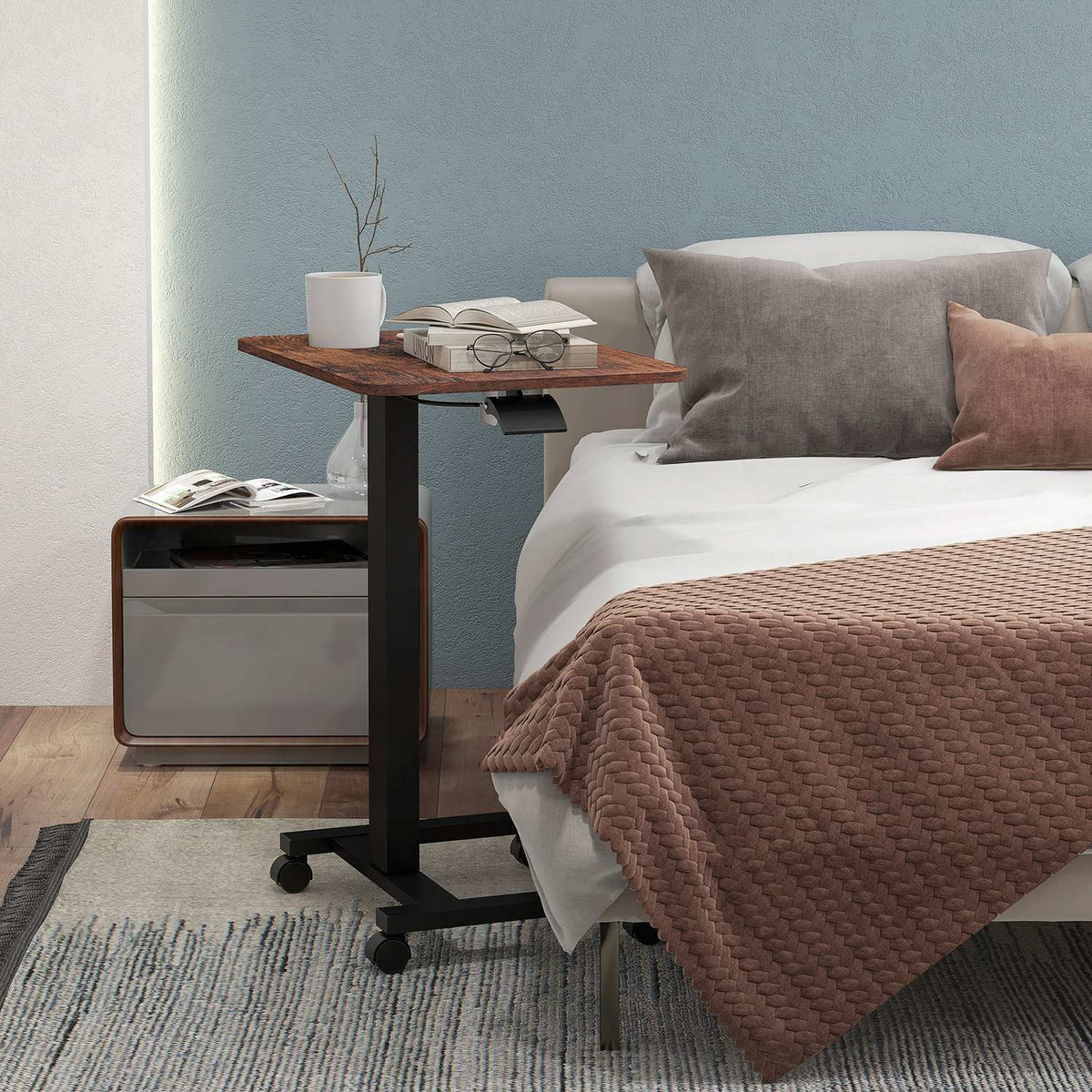 Height-adjustable laptop table, with 4 wheels, 2 brakes, 65 cm x 48 cm x 108 cm, with hand crank, brake, chipboard, rustic brown