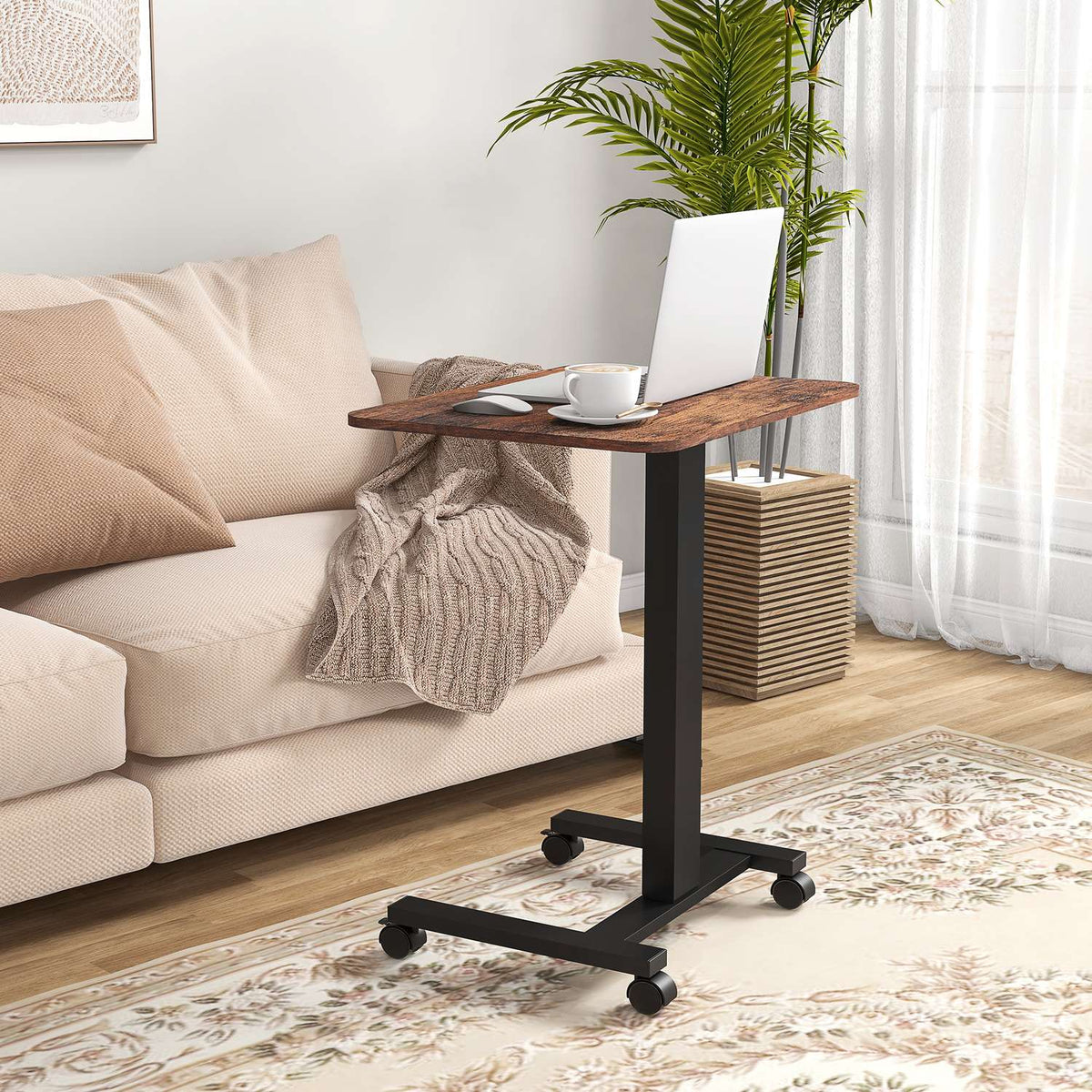 Height-adjustable laptop table, with 4 wheels, 2 brakes, 65 cm x 48 cm x 108 cm, with hand crank, brake, chipboard, rustic brown