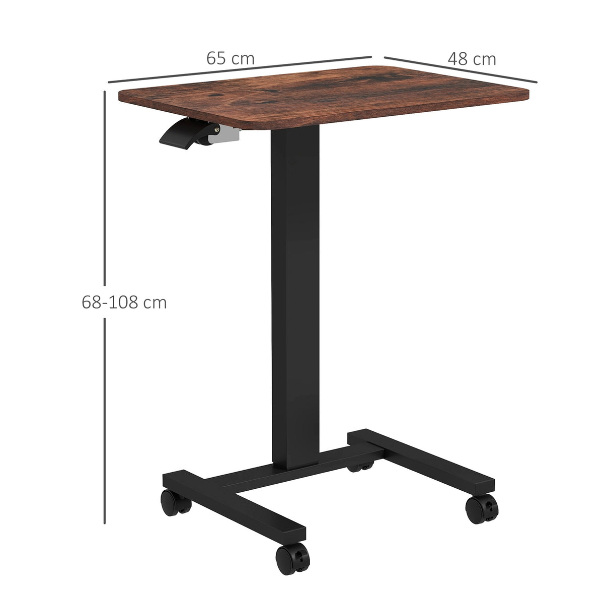 Height-adjustable laptop table, with 4 wheels, 2 brakes, 65 cm x 48 cm x 108 cm, with hand crank, brake, chipboard, rustic brown
