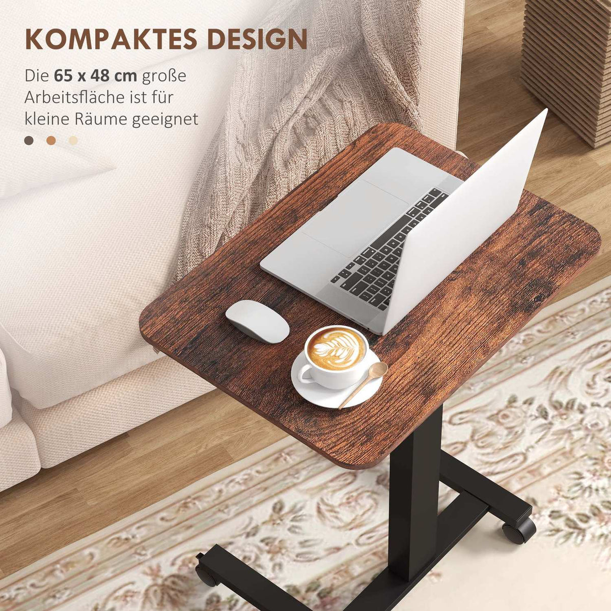 Height-adjustable laptop table, with 4 wheels, 2 brakes, 65 cm x 48 cm x 108 cm, with hand crank, brake, chipboard, rustic brown