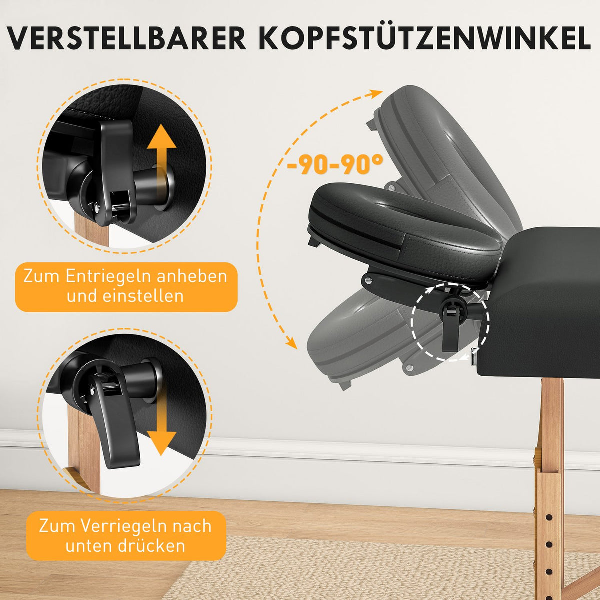 Height-adjustable massage table, wooden frame, foldable massage bed, foam padding, black