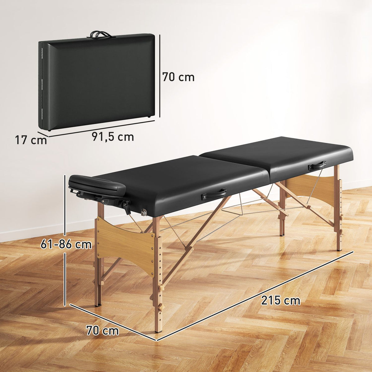 Height-adjustable massage table, wooden frame, foldable massage bed, foam padding, black