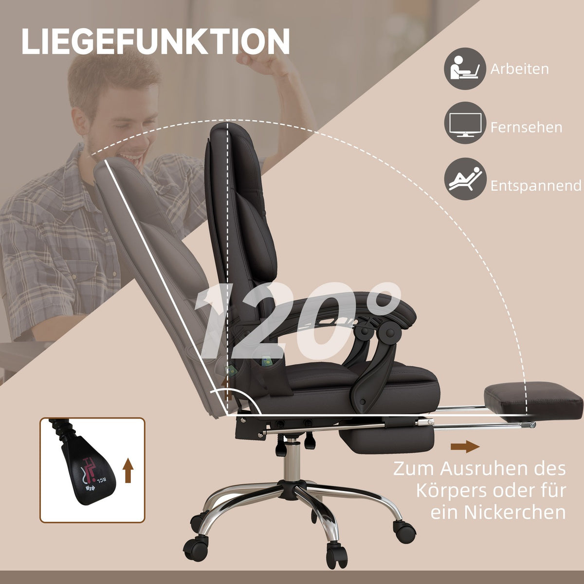 Height-adjustable office chair with massage function, ergonomic desk chair, executive chair, up to 120 kg, brown