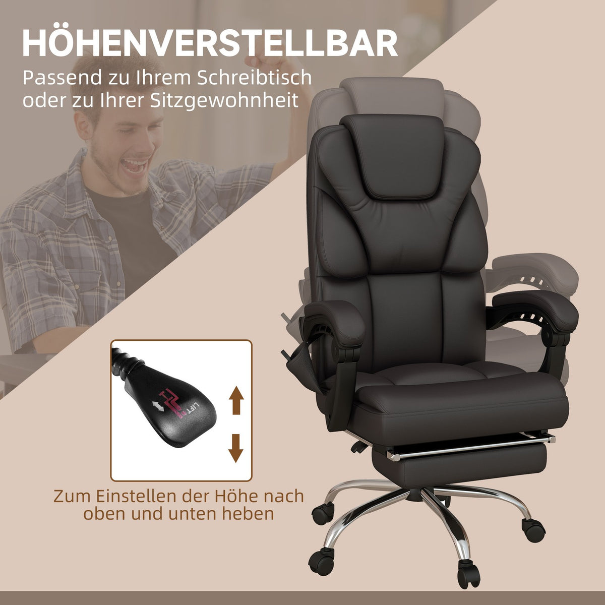 Height-adjustable office chair with massage function, ergonomic desk chair, executive chair, up to 120 kg, brown