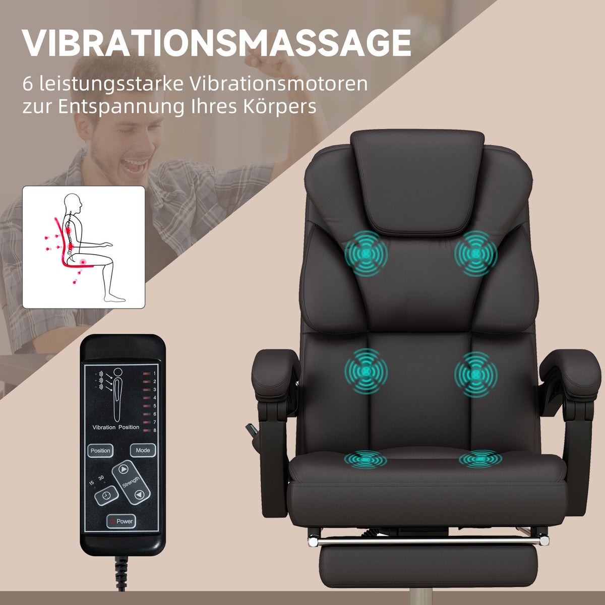 Height-adjustable office chair with massage function, ergonomic desk chair, executive chair, up to 120 kg, brown