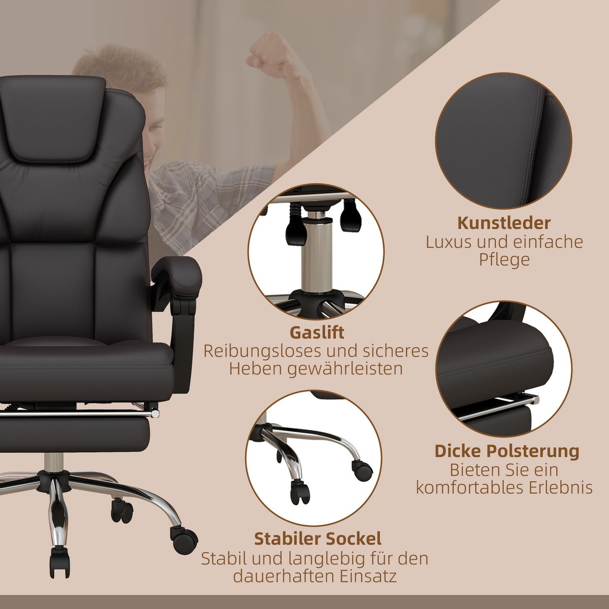 Height-adjustable office chair with massage function, ergonomic desk chair, executive chair, up to 120 kg, brown