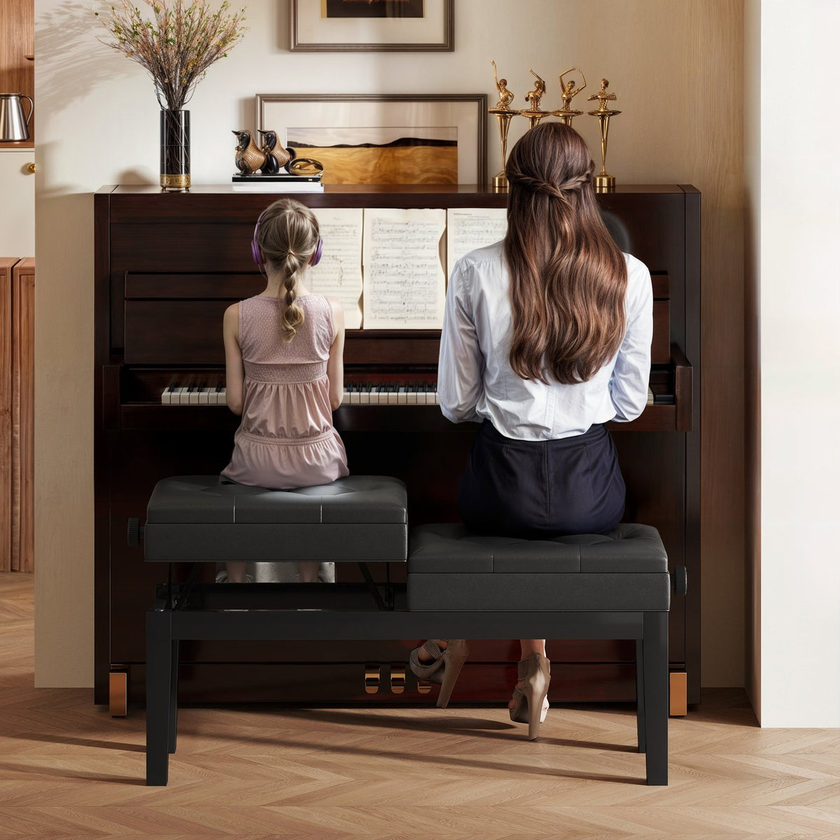 Height-adjustable piano bench with storage space, piano bench with a load capacity of up to 220 kg, artificial leather, black, 105 x 37 x 48-58 cm |