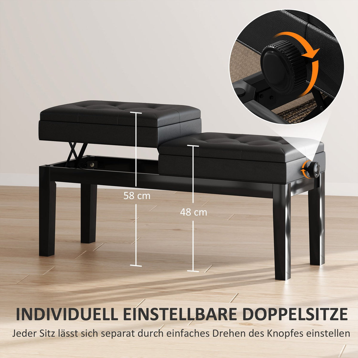 Height-adjustable piano bench with storage space, piano bench with a load capacity of up to 220 kg, artificial leather, black, 105 x 37 x 48-58 cm |