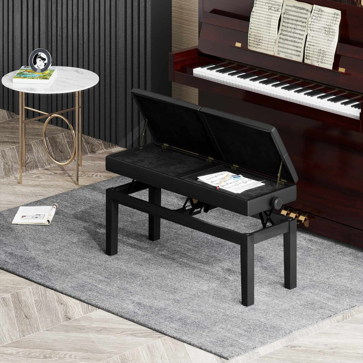 Height-adjustable piano bench with storage space, piano bench with a load capacity of up to 220 kg, artificial leather, black, 105 x 37 x 48-58 cm |