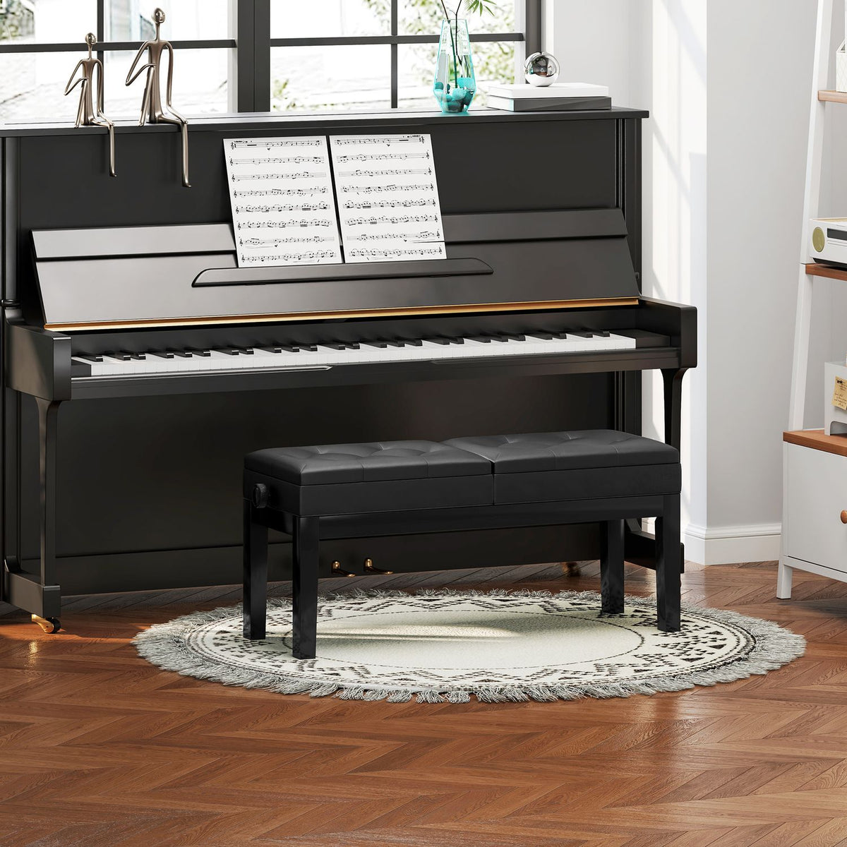 Height-adjustable piano bench with storage space, piano bench with a load capacity of up to 220 kg, artificial leather, black, 105 x 37 x 48-58 cm |