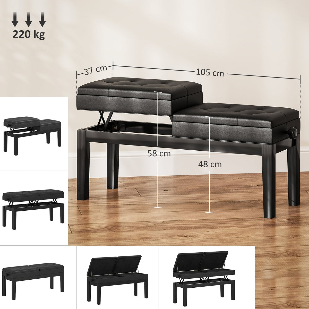 Height-adjustable piano bench with storage space, piano bench with a load capacity of up to 220 kg, artificial leather, black, 105 x 37 x 48-58 cm |