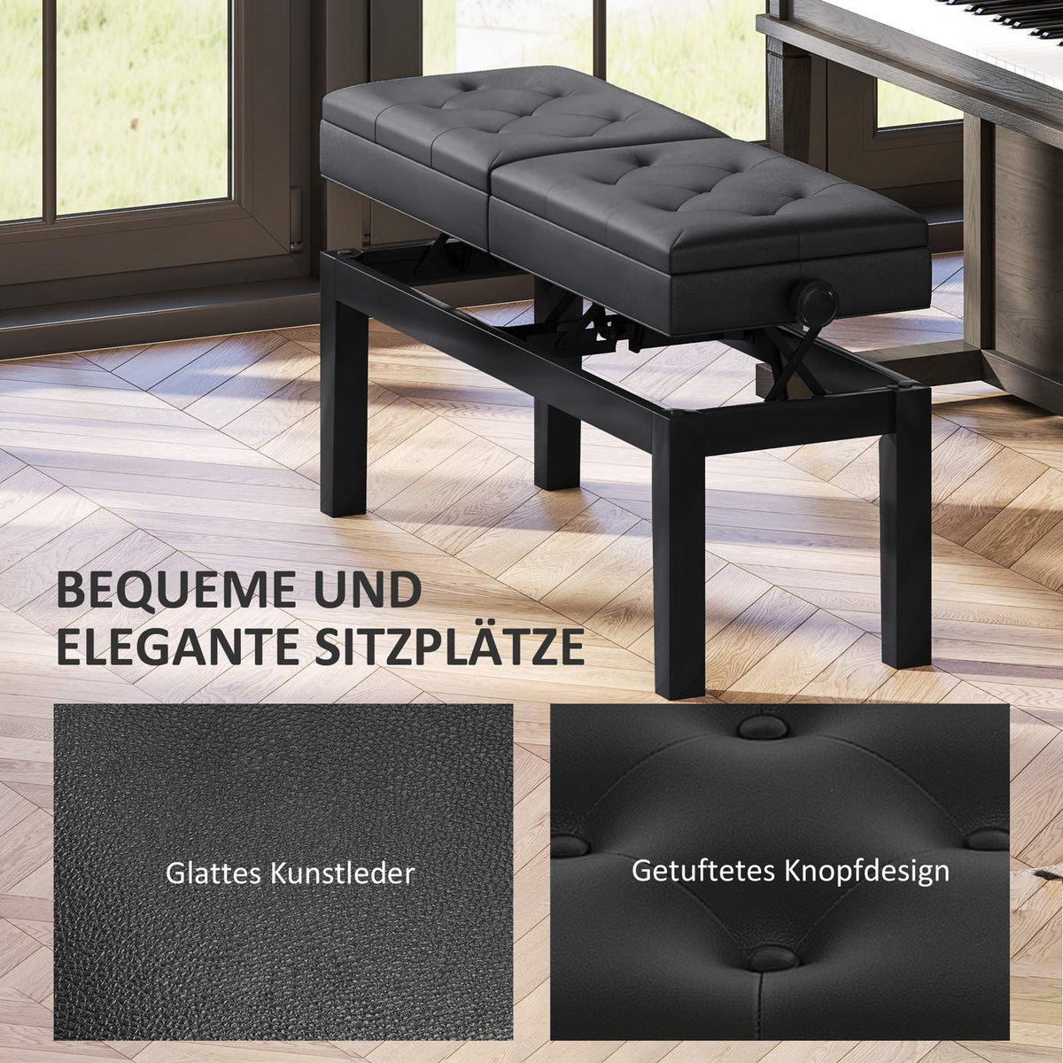 Height-adjustable piano bench with storage space, piano bench with a load capacity of up to 220 kg, artificial leather, black, 105 x 37 x 48-58 cm |