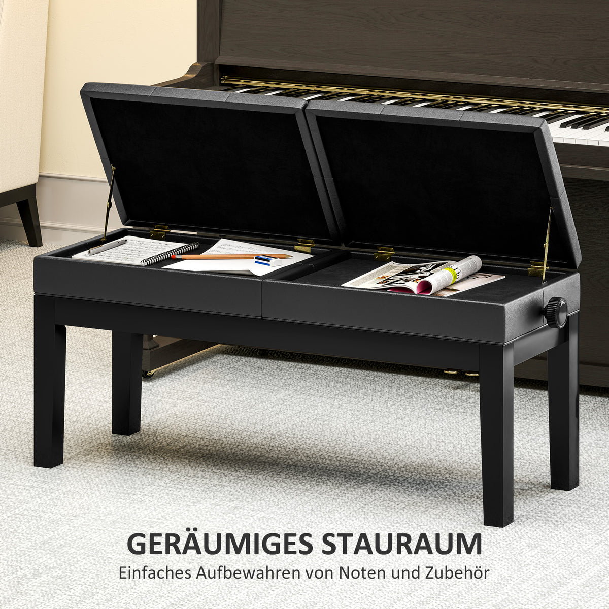 Height-adjustable piano bench with storage space, piano bench with a load capacity of up to 220 kg, artificial leather, black, 105 x 37 x 48-58 cm |