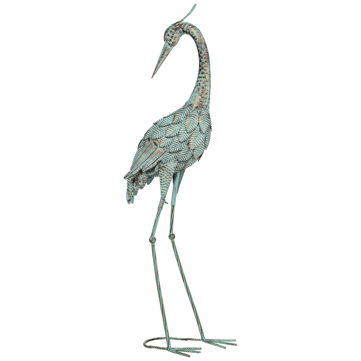 Heron Garden Statue, Metal, 88 cm, Green/Bronze