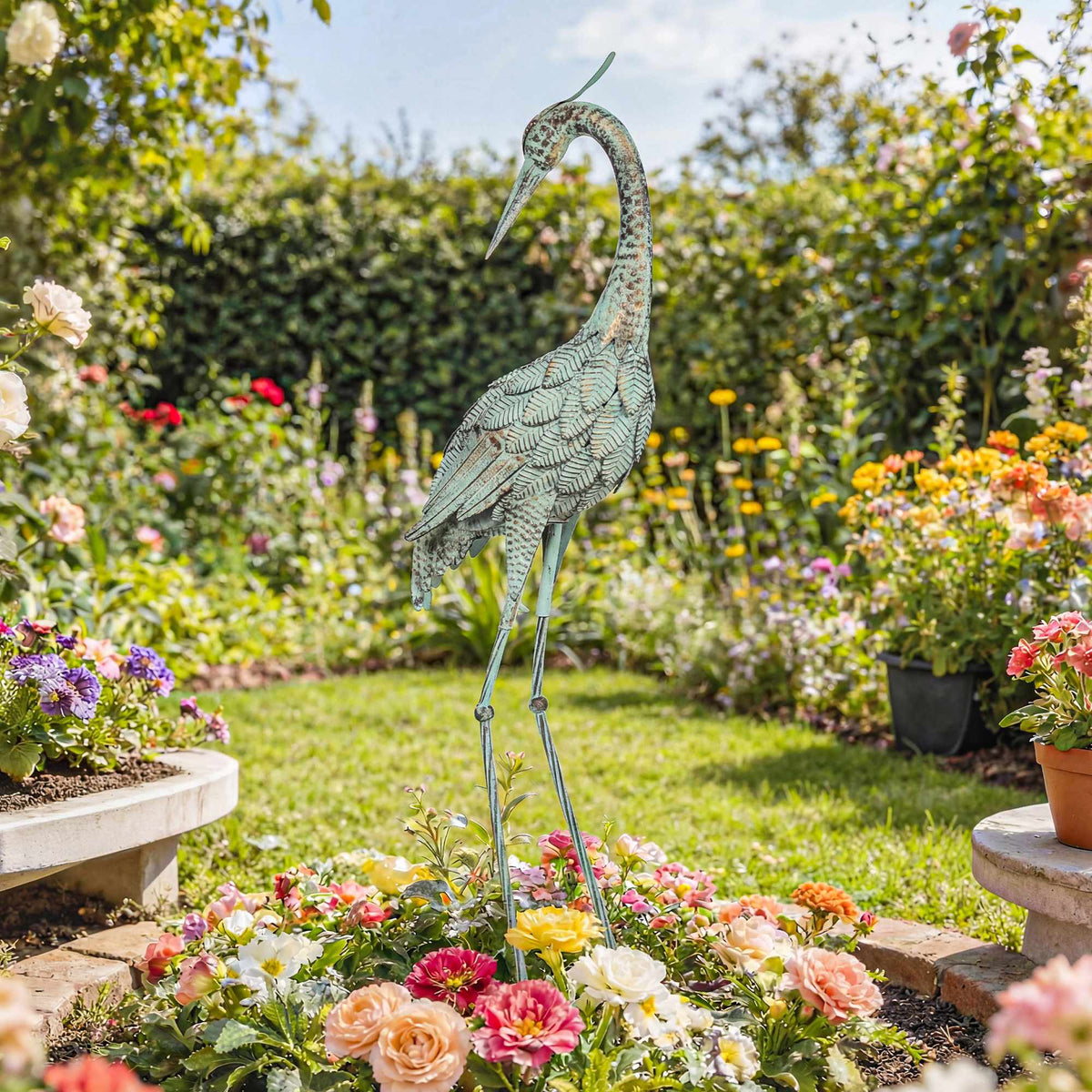 Heron Garden Statue, Metal, 88 cm, Green/Bronze