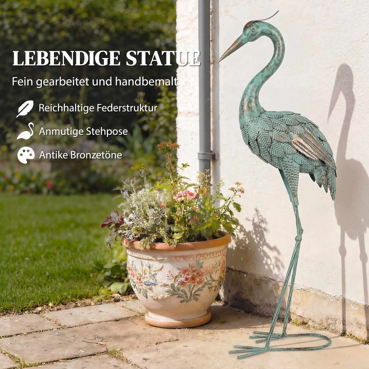 Heron Garden Statue, Metal, 88 cm, Green/Bronze
