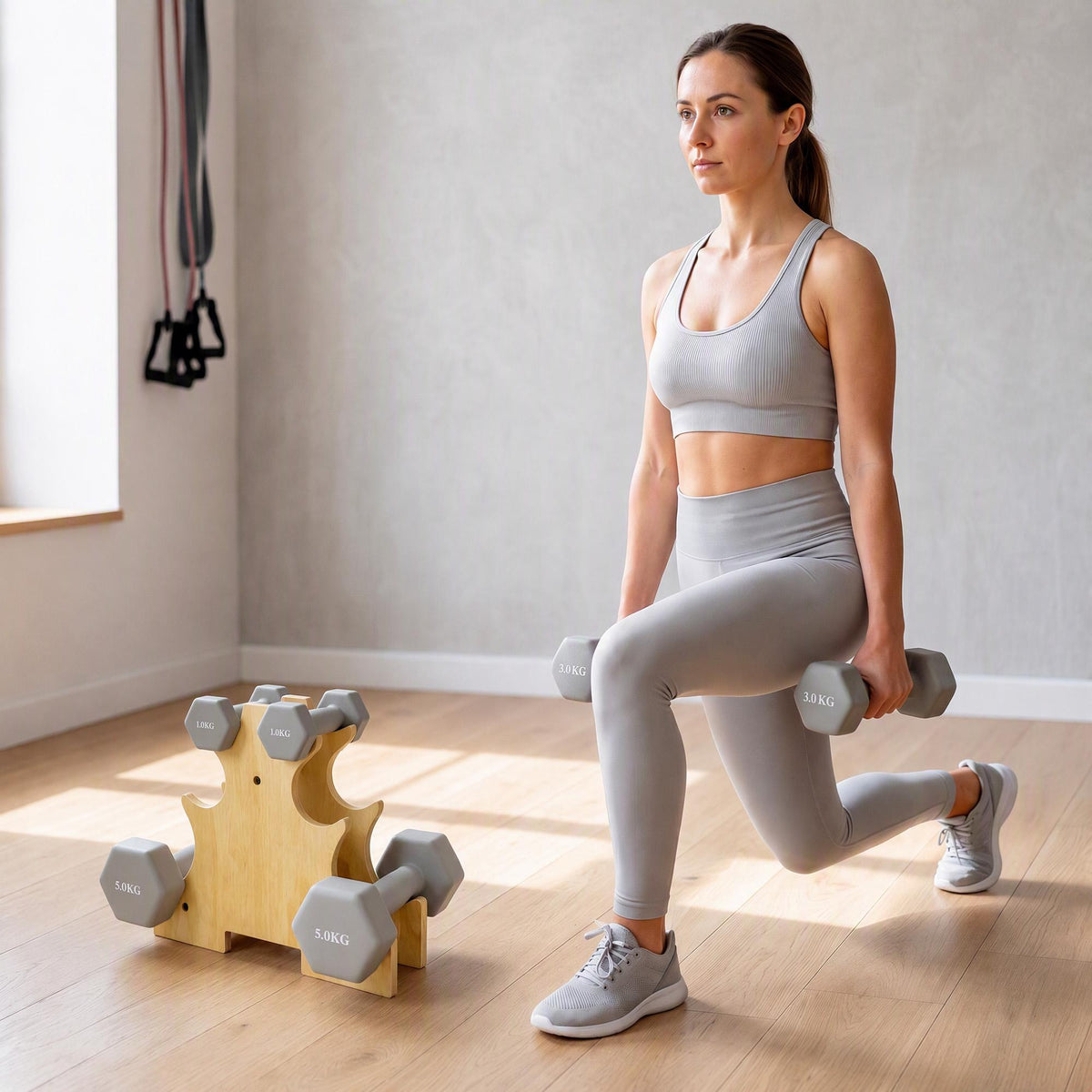 Hex Dumbbell Set with Wood Rack – 1kg, 3kg, 5kg Weights