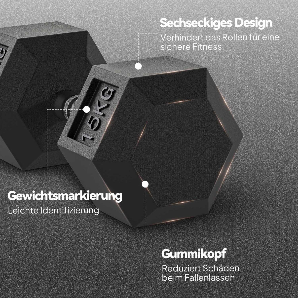 Hex Dumbbells, Knurled Grip, Cast Iron, 2 x 15kg
