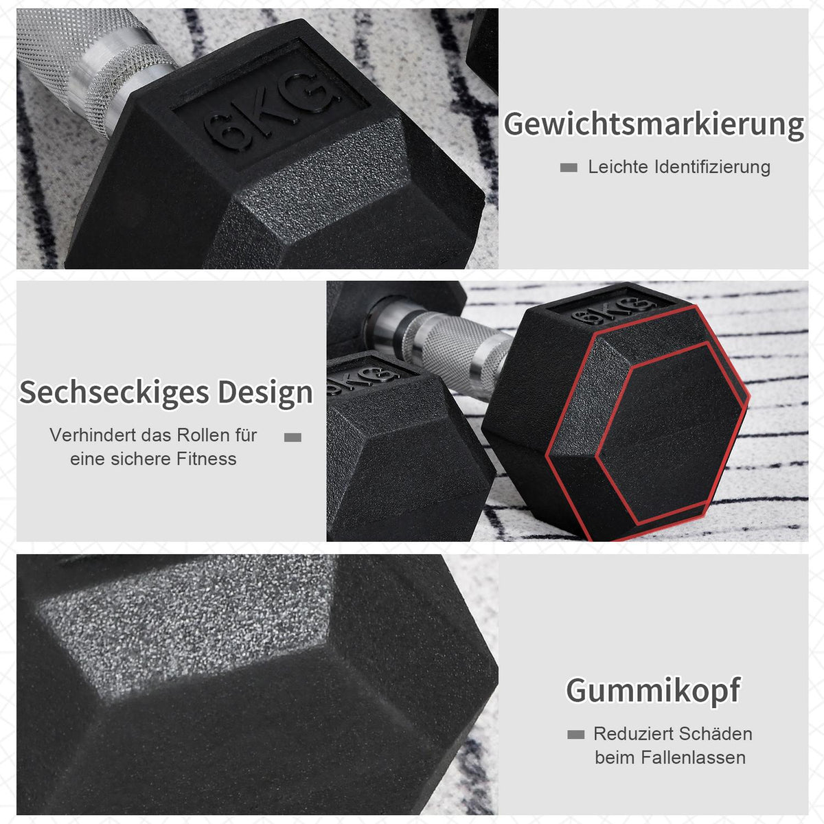 Hexagon Dumbbells Set Of 2, 2X6 Kg, Cast Iron With Rubber Cover, Black