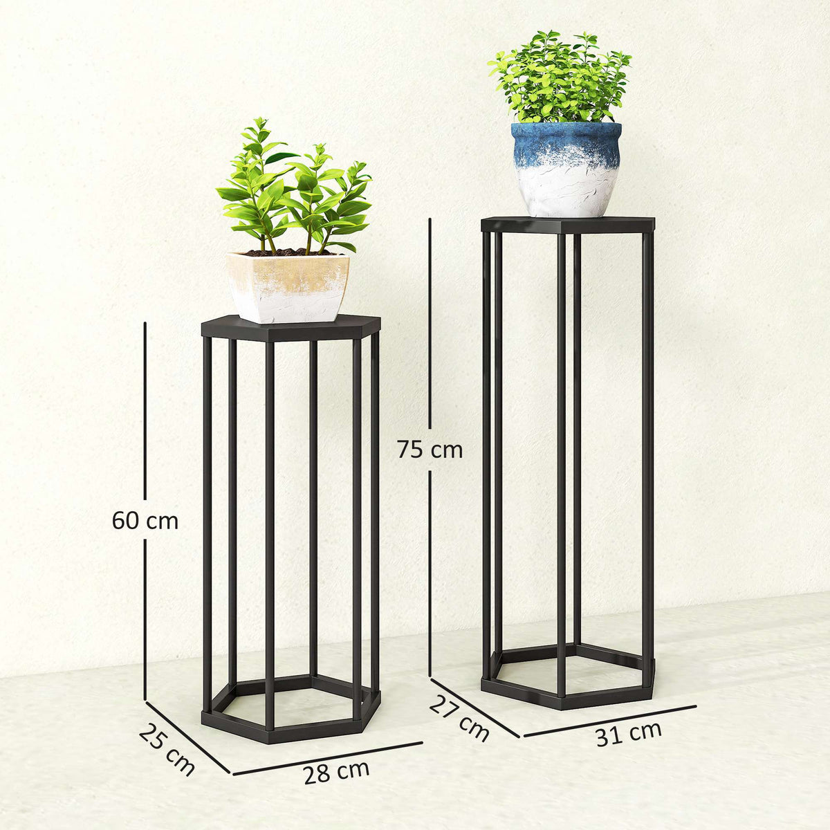 Hexagonal Metal Plant Stands, Indoor Outdoor, Set of 2