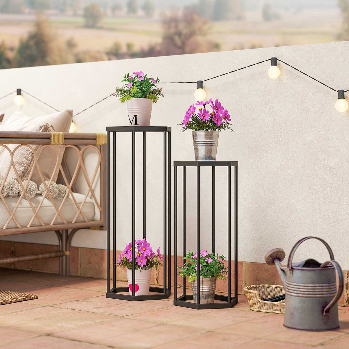 Hexagonal Metal Plant Stands, Indoor Outdoor, Set of 2