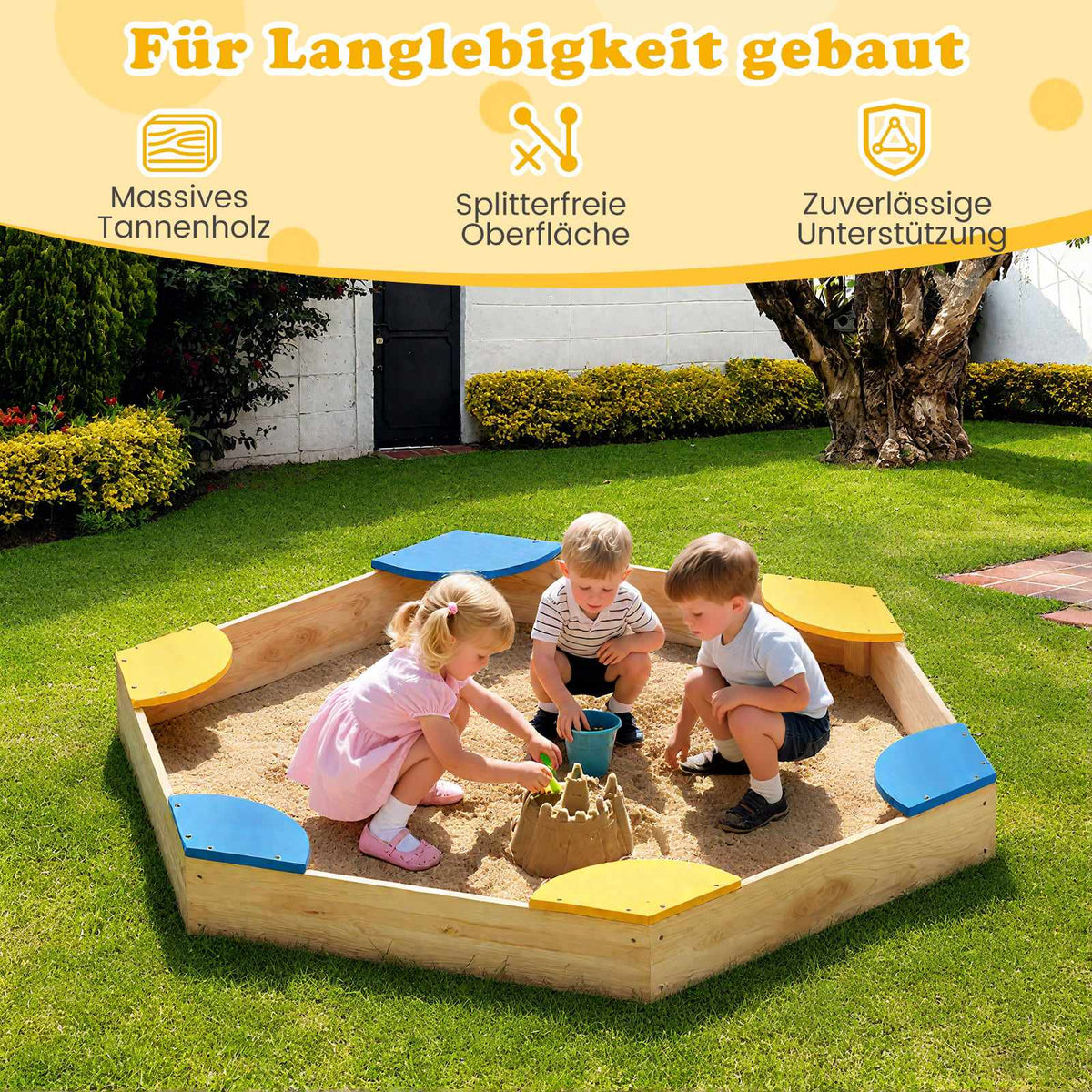 Hexagonal Wooden Sandbox with Planter, 140 x 122 x 14 cm