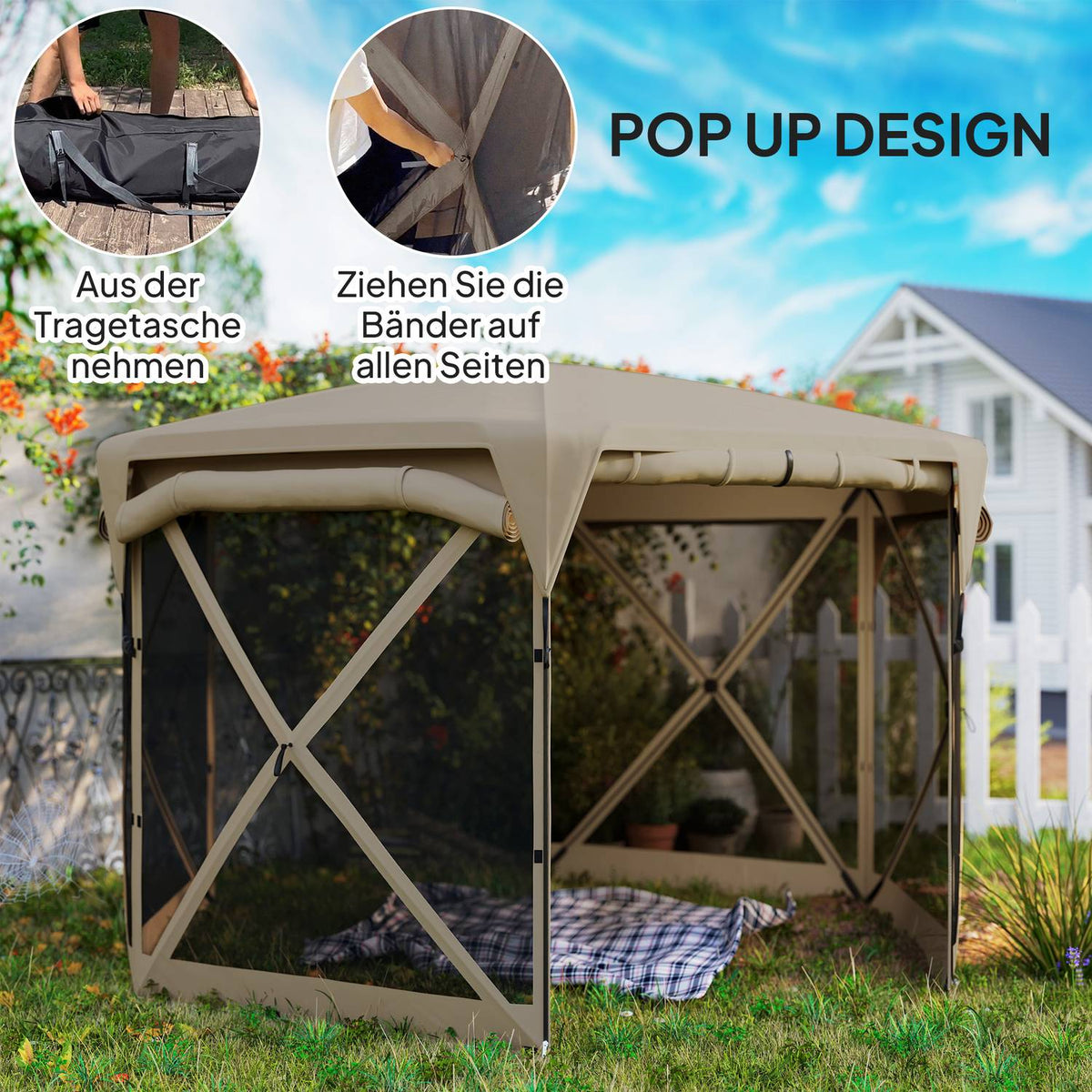 Hexagonal pavilion approx. 3.5x3m pop-up folding pavilion with removable roof UV 30+ foldable waterproof party tent garden tent with 5 side panels garden pavilion for camping garden festival, khaki