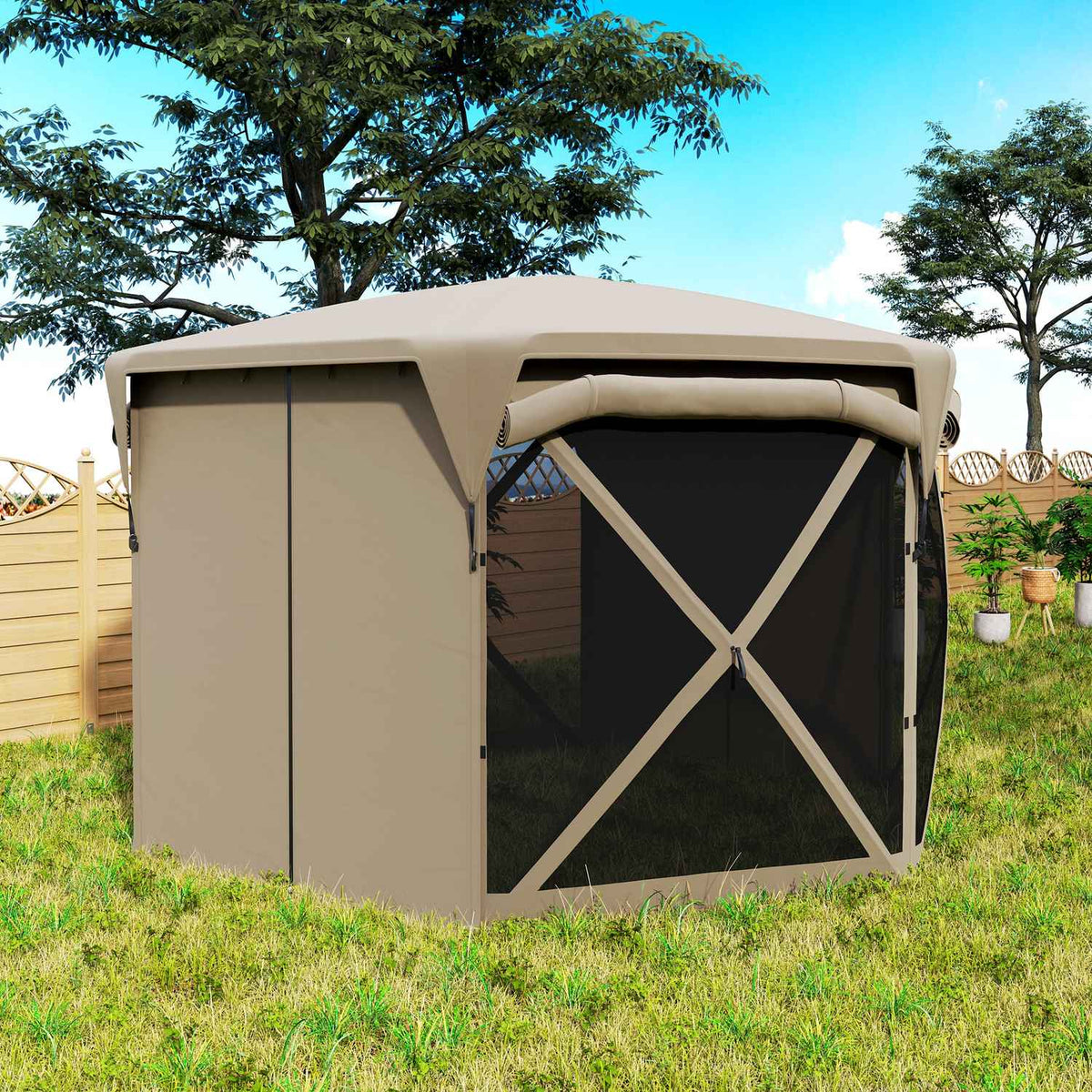 Hexagonal pavilion approx. 3.5x3m pop-up folding pavilion with removable roof UV 30+ foldable waterproof party tent garden tent with 5 side panels garden pavilion for camping garden festival, khaki