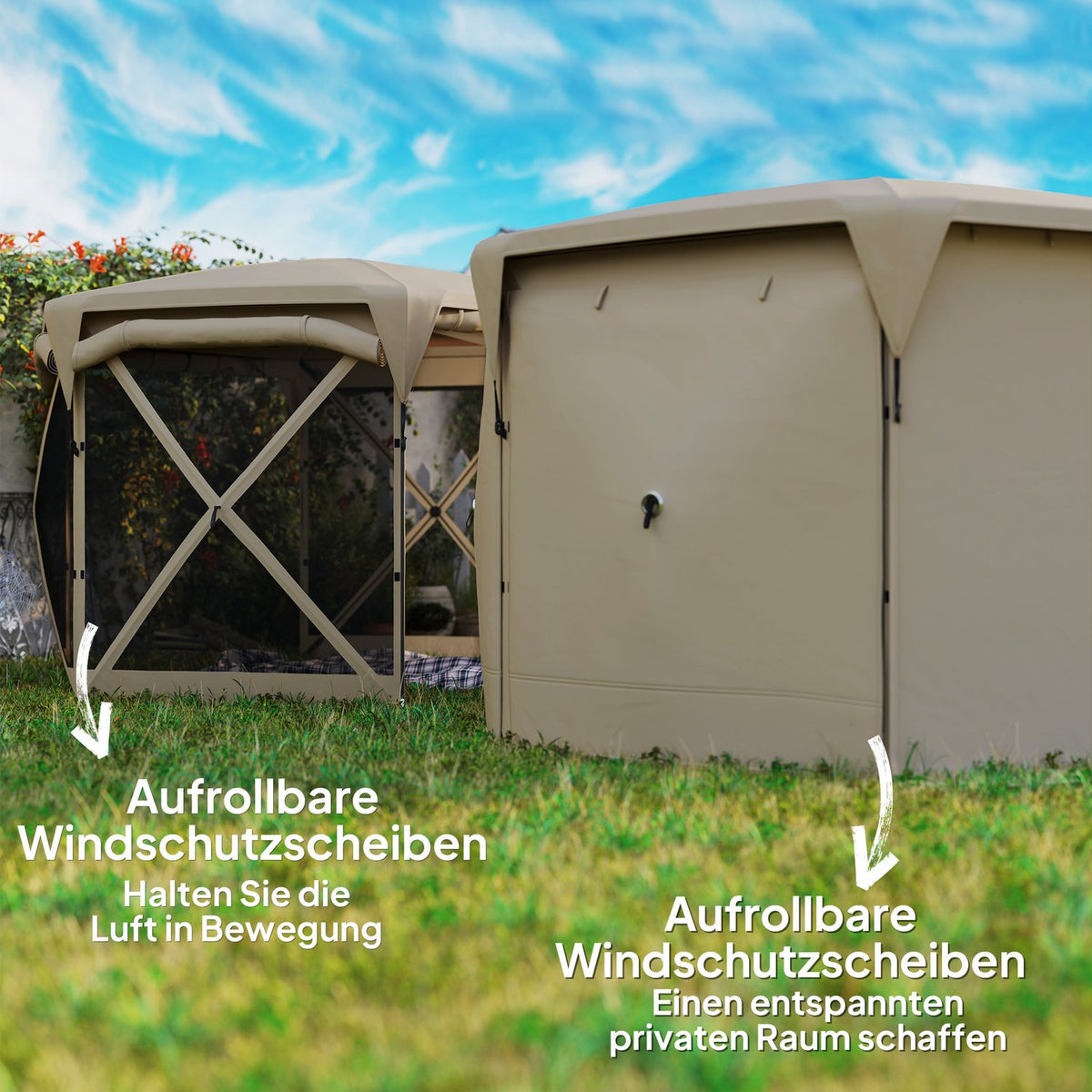 Hexagonal pavilion approx. 3.5x3m pop-up folding pavilion with removable roof UV 30+ foldable waterproof party tent garden tent with 5 side panels garden pavilion for camping garden festival, khaki