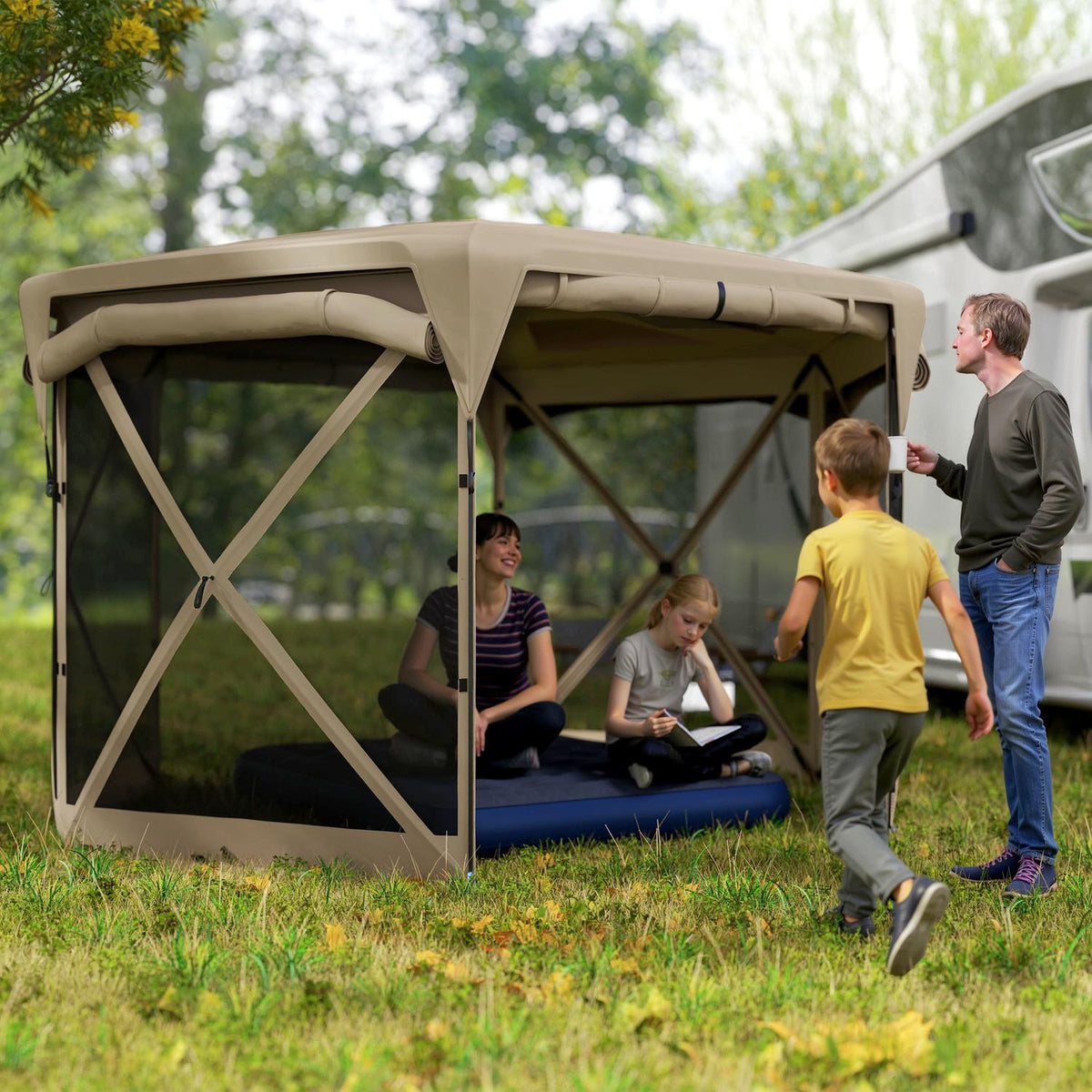 Hexagonal pavilion approx. 3.5x3m pop-up folding pavilion with removable roof UV 30+ foldable waterproof party tent garden tent with 5 side panels garden pavilion for camping garden festival, khaki