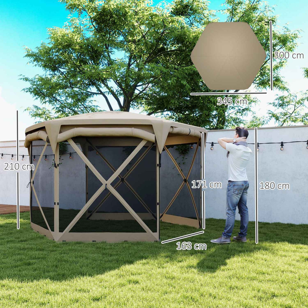 Hexagonal pavilion approx. 3.5x3m pop-up folding pavilion with removable roof UV 30+ foldable waterproof party tent garden tent with 5 side panels garden pavilion for camping garden festival, khaki