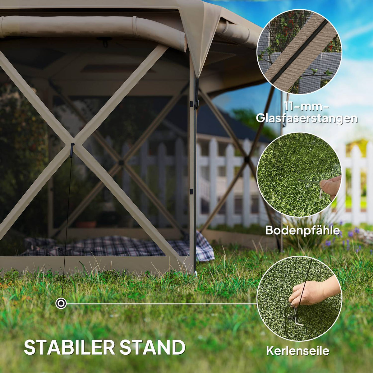 Hexagonal pavilion approx. 3.5x3m pop-up folding pavilion with removable roof UV 30+ foldable waterproof party tent garden tent with 5 side panels garden pavilion for camping garden festival, khaki