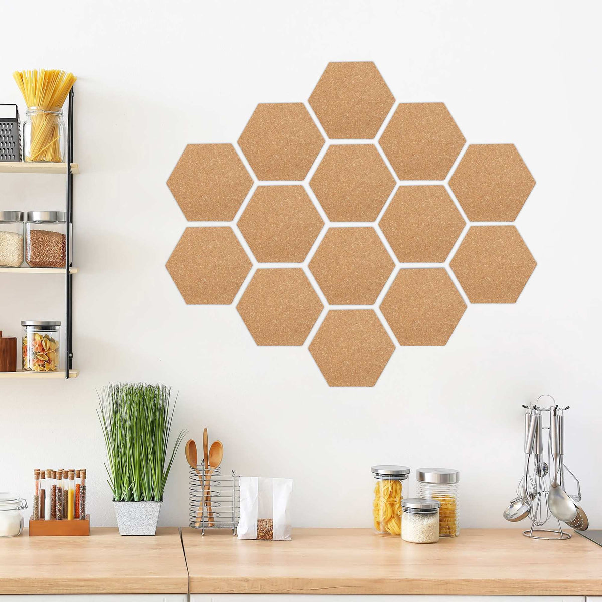 Hexagonal pegboards in cork, set of 14