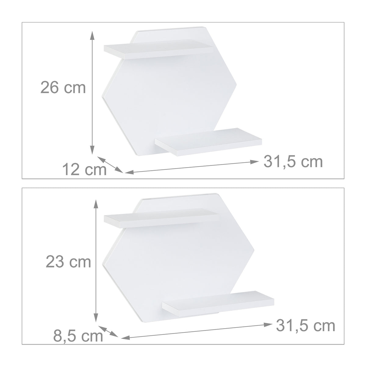 Hexagonal wall shelves in a set of 2