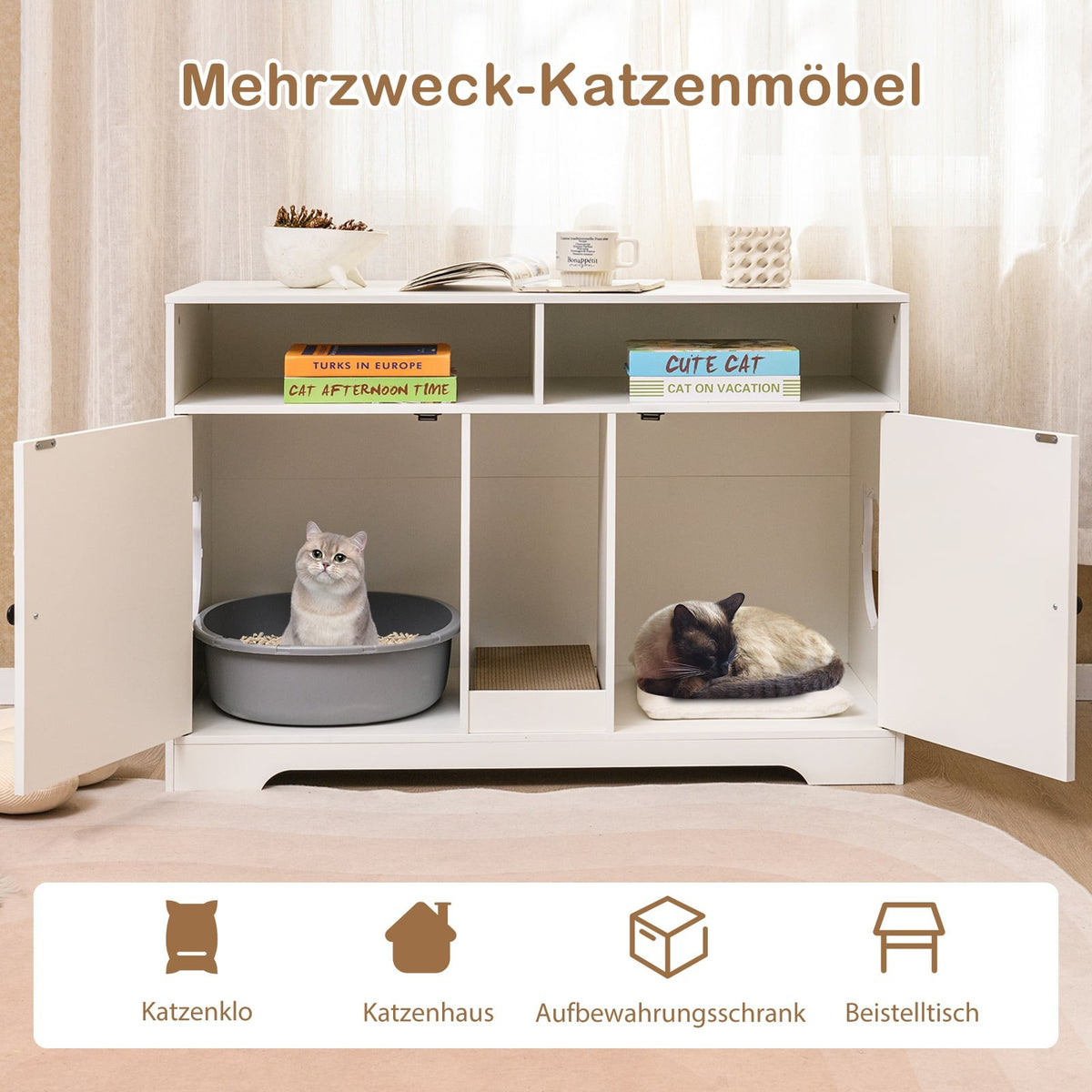Hidden Cat Litter Cabinet with Storage for 2 Cats, White