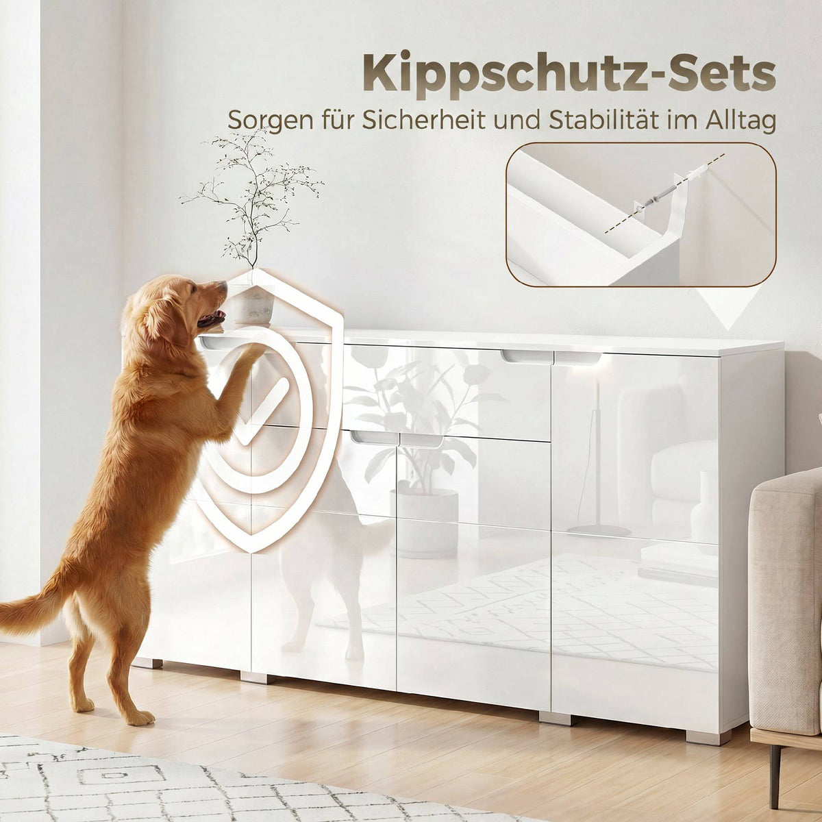 High-Gloss White Sideboard, 4 Doors, Adjustable Shelves