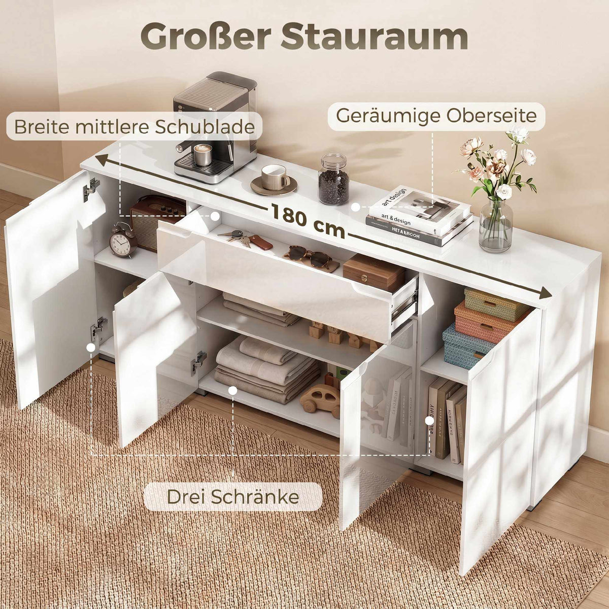High-Gloss White Sideboard, 4 Doors, Adjustable Shelves