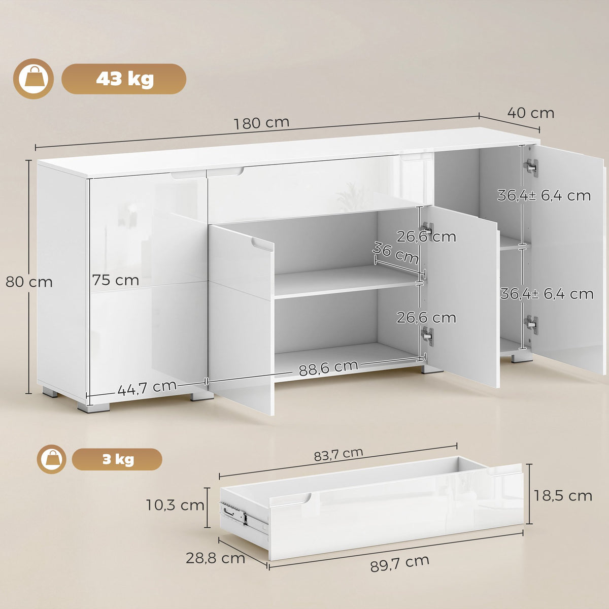 High-Gloss White Sideboard, 4 Doors, Adjustable Shelves