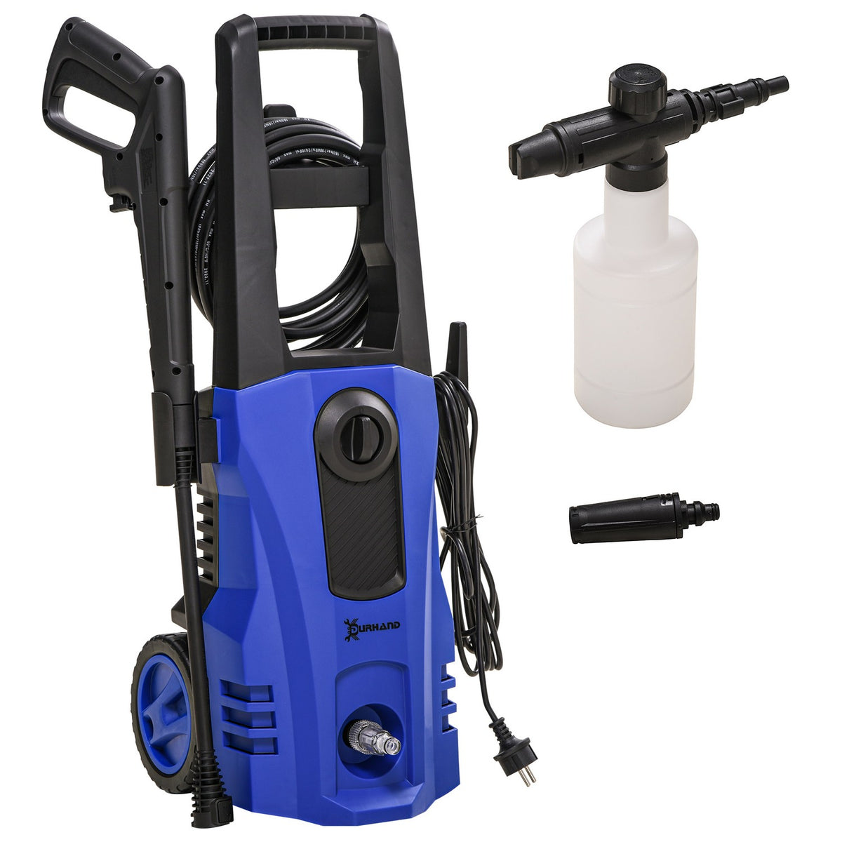 High-Pressure Cleaner With Rollers Incl. 5 Pieces. Accessories, 150 Bar Working Pressure, With 6 M High Pressure Hose, 1800 W, Max. Water Quantity: 510 L/H Blue