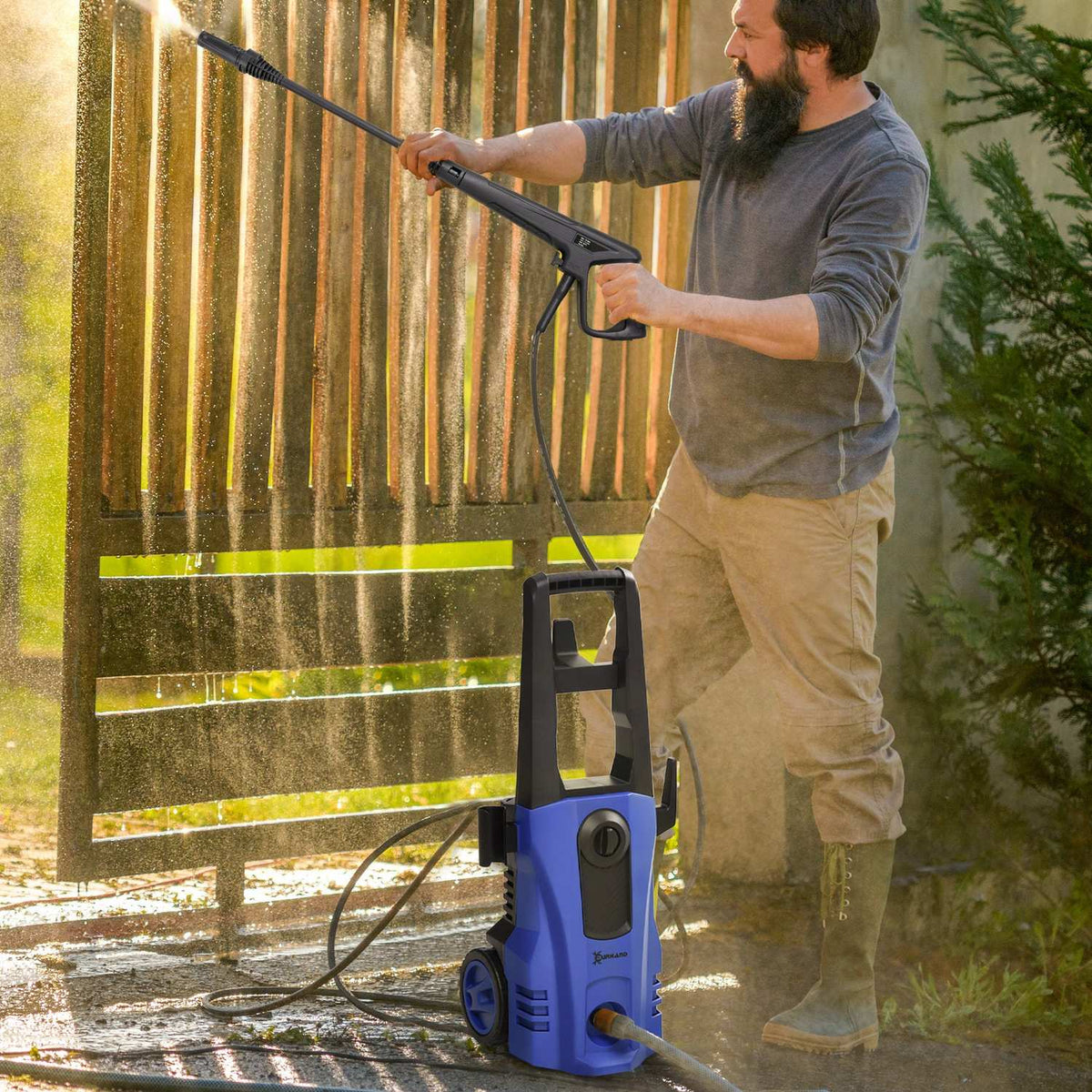 High-Pressure Cleaner With Rollers Incl. 5 Pieces. Accessories, 150 Bar Working Pressure, With 6 M High Pressure Hose, 1800 W, Max. Water Quantity: 510 L/H Blue