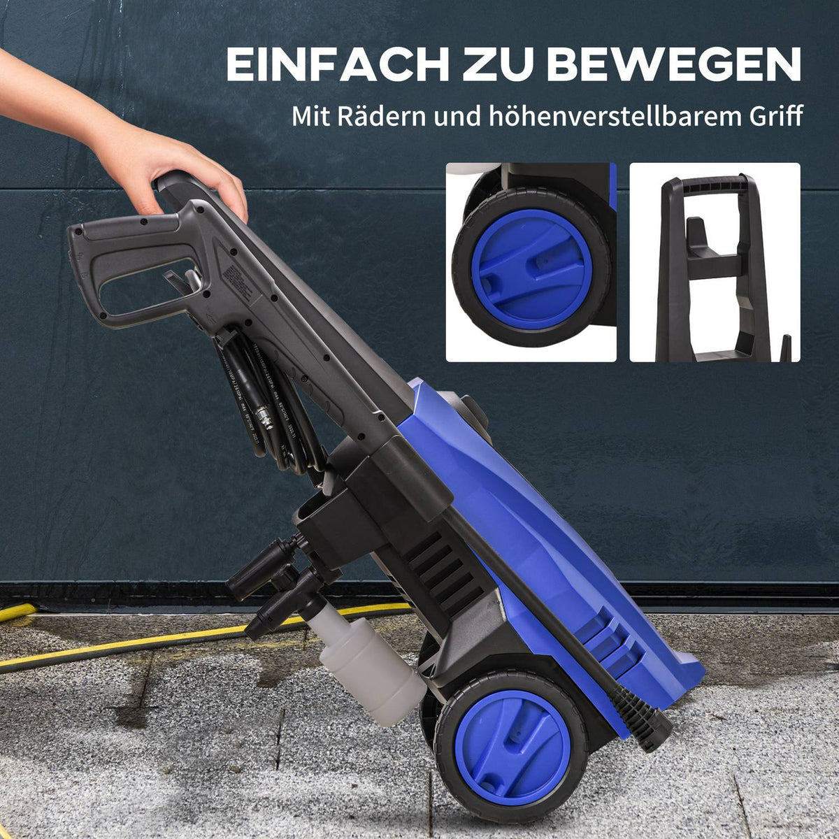 High-Pressure Cleaner With Rollers Incl. 5 Pieces. Accessories, 150 Bar Working Pressure, With 6 M High Pressure Hose, 1800 W, Max. Water Quantity: 510 L/H Blue
